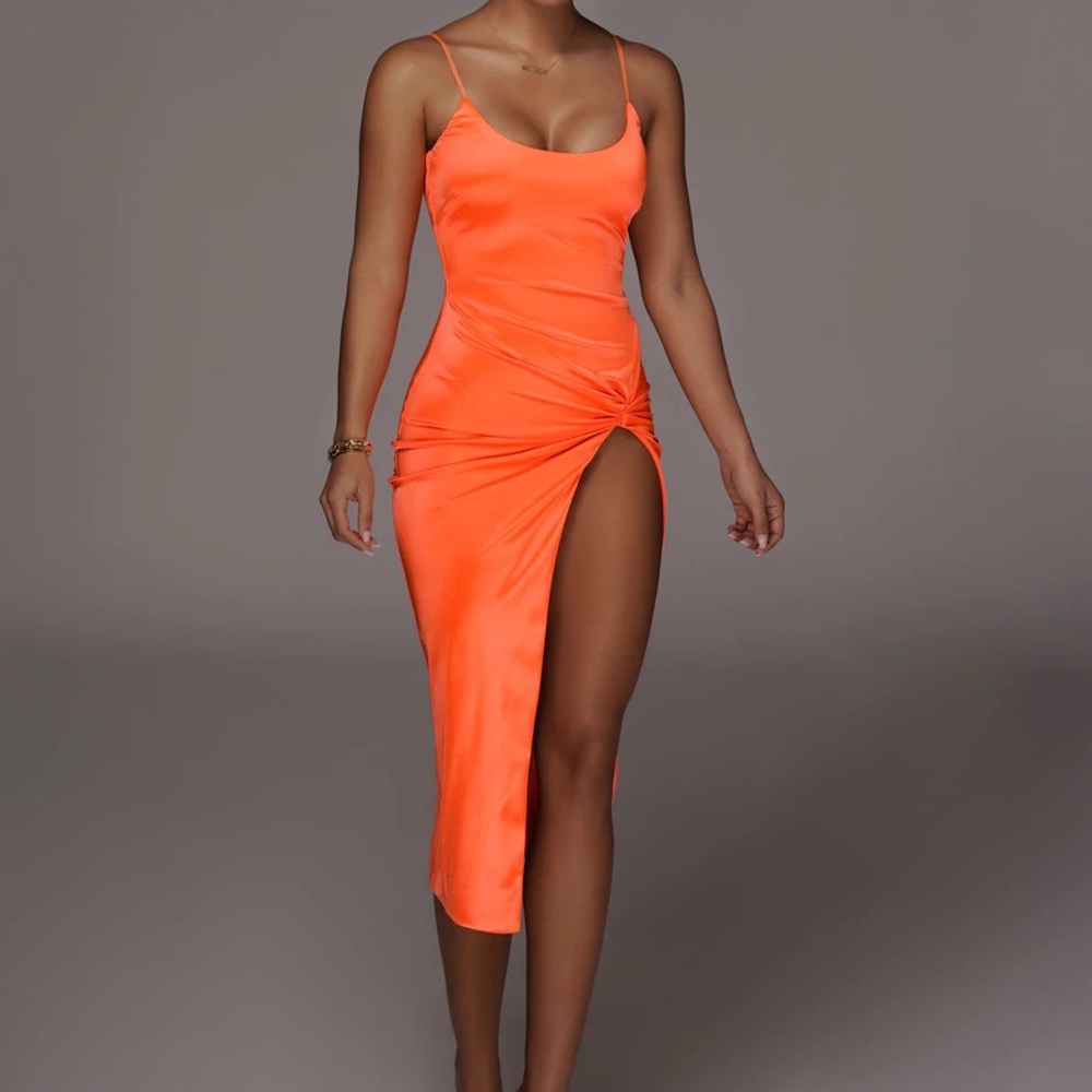 JLUXLabel ORANGE ALDIS SATIN SLIT DRESS - Extra Large